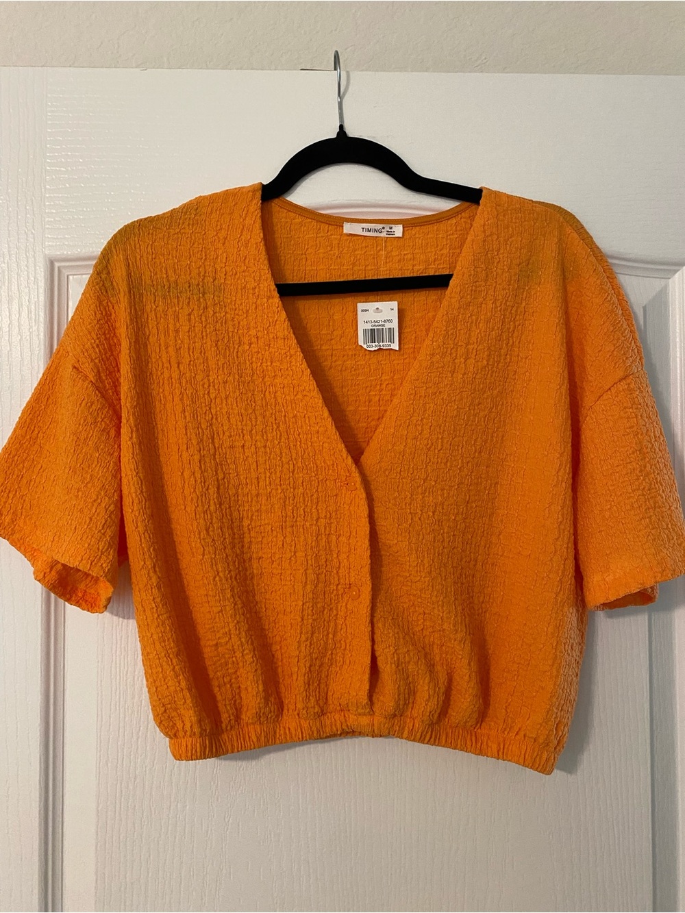Timing Orange Cropped V-Neck Textured Short Sleeve Top